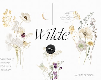 May include: A collection of 230 watercolor illustrations of summery wild flowers and moon phases. The illustrations are in shades of white, yellow, green, and purple. The text "Wilde" is written in black cursive script. The text "by OPIA DESIGNS" is written in black.