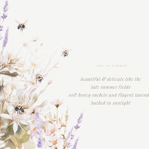 May include: Watercolor painting of white flowers and lavender with bees flying around them. The text "ODE TO SUMMER" is written in the upper right corner of the image. The text below reads "beautiful & delicate like the late summer fields soft honey suckels and fragrant lavender bathed in sunlight."