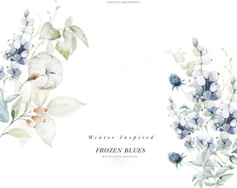 Watercolor Winter Floral Clipart - Cotton Flower Clipart - Watercolor Winter Berries - Dusty Blue Clipart - Dusty Blue Watercolor - Navy