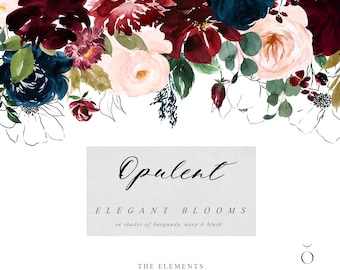 Burgundy Navy Watercolor Floral Clipart - Burgundy Blush - Navy Blush - Elegant Watercolor Flowers - Watercolor Navy - Watercolor Burgundy