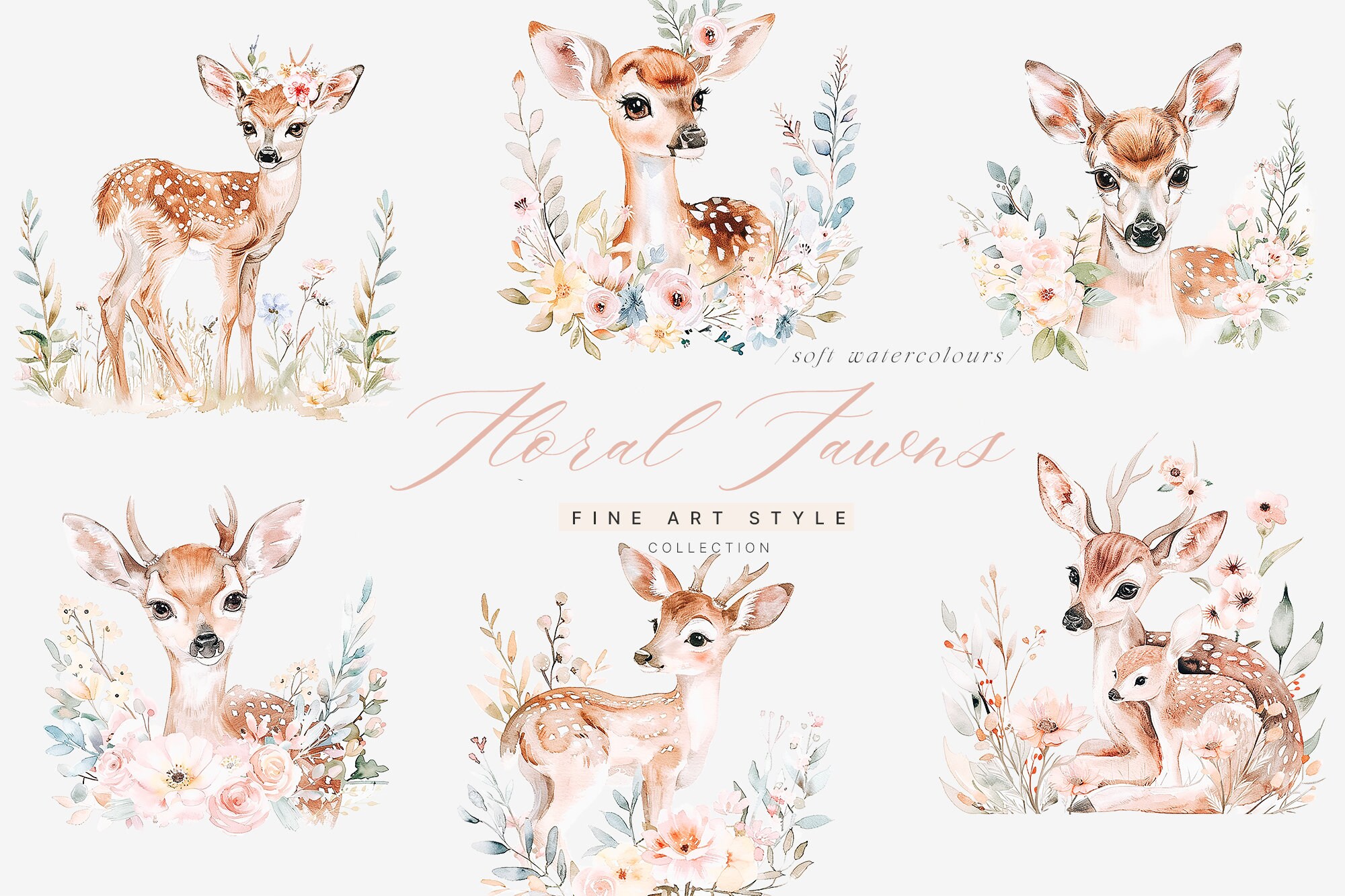Aquarell Rehkitze Clipart - Frühling Blumen Clipart - Rehkitze Clipart - Kinderzimmer Clipart - Vorgefertigte Clipart - Florale Rehkitze Clipart - Florale Clipart