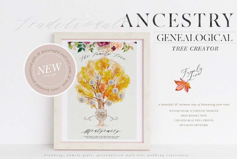 May include: A watercolor illustration of a family tree with fall foliage. The tree is surrounded by a pink floral border. The text "The Family Tree" is written above the tree. The text "Montgomery" is written below the tree. The text "Family Love" is written in cursive on a red leaf in the bottom right corner. The text "A beautiful & intimate way of honouring your roots" is written below the leaf. The text "Watercolor Authentic Designs, High Resolution, Creates Beautiful Prints, Detailed Artwork" is written below the text "A beautiful & intimate way of honouring your roots".