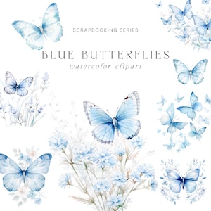 Clipart papillons aquarelle - Stickers Clipart - Clipart aquarelle - Clipart floral aquarelle - Clipart mariage-papillons bleus