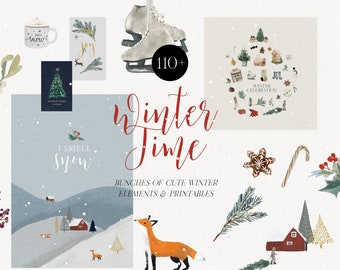Puede incluir: Una colección de más de 110 ilustraciones con temática invernal, que incluyen un zorro, un paisaje nevado, una casa de jengibre, un árbol de Navidad y un par de patines de hielo. El texto "Winter Time" está escrito en letras rojas cursivas. El texto "A Great Variety of Christmas & Winter Graphics" está escrito en la parte superior de la imagen. El texto "Bunches of Cute Winter Elements & Printables" está escrito debajo del texto "Winter Time".