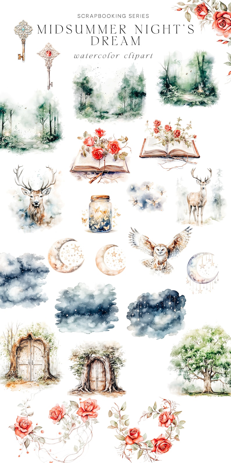 Peut inclure: Ensemble de clipart aquarelle sur le th&egrave;me f&eacute;erique du Songe d'une nuit d'&eacute;t&eacute;. Comprend des images d'une cl&eacute;, d'un livre, d'un cerf, d'un bocal avec des lucioles, d'une lune, d'un nuage, d'un hibou, d'un arbre et de roses.