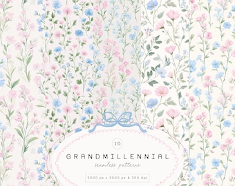 Watercolor Grandmillennial Seamless Patterns - Granny Chic - Seamless Patterns - Grandmillennial Patterns - Blue and Pink - Digital Papers