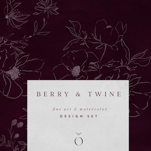 Berry Borgoña Bellas Artes Acuarela Set - Clipart Botánico - Acuarela Ciruela - Acuarela Borgoña - Line Art Florals - Clipart Floral