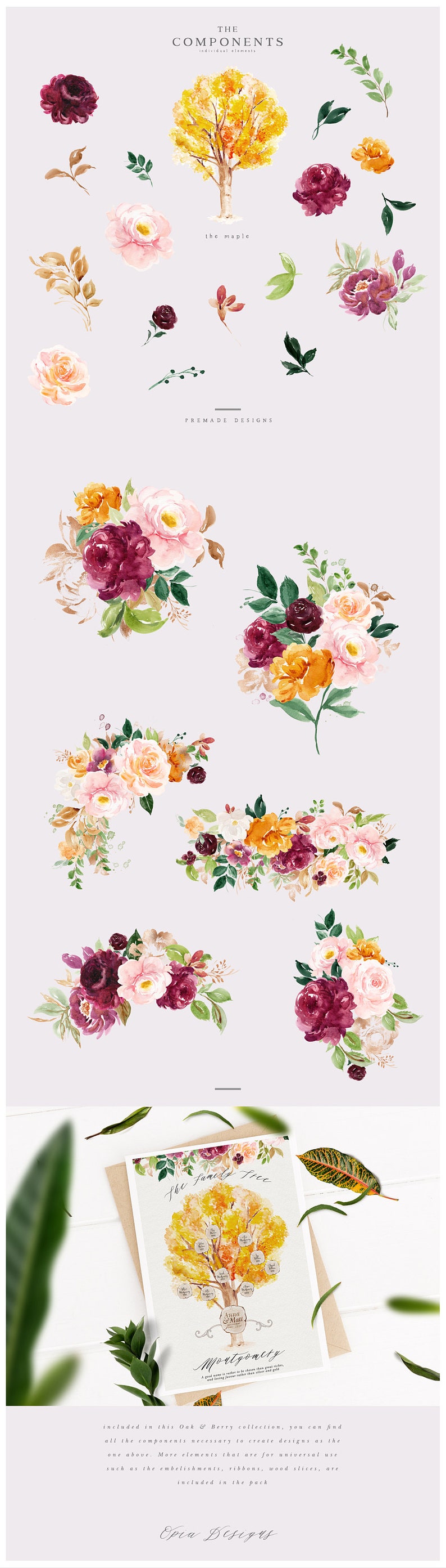 May include: A watercolor illustration of a fall-themed family tree with a yellow and orange maple tree, burgundy, peach, and yellow flowers, and the text "The Family Tree" and "Montgomery".