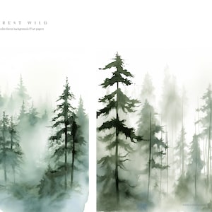 May include: Two watercolor paintings of a misty forest with tall, dark green pine trees. The text "FOREST WILD" and "watercolor forest backgrounds & art papers" is at the top of the image.
