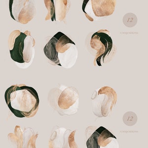 Puede incluir: Doce composiciones abstractas con formas superpuestas en tonos de verde, marr&oacute;n y blanco. Las formas recuerdan la pintura de acuarela o gouache.
