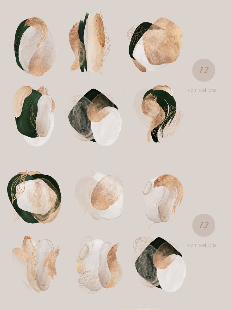 Puede incluir: Doce composiciones abstractas con formas superpuestas en tonos de verde, marr&oacute;n y blanco. Las formas recuerdan la pintura de acuarela o gouache.