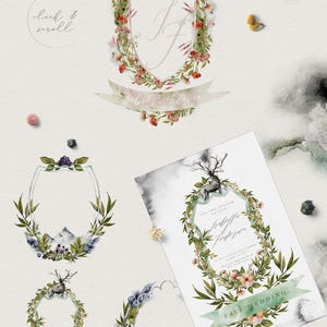 May include: Four watercolor illustrations of woodland crests with floral and foliage elements. The crests are in the shape of shields and ovals. The text "Woodland Crests" and "4 dreamy crests to create amazing logos & invitations" is at the top of the image. The text "luk & moll" is in the upper left corner of the image. The text "YOU ARE INVITED TO JOIN Isabella Federico" is in the center of the image. The text "FALL WEDDING" is at the bottom of the image.