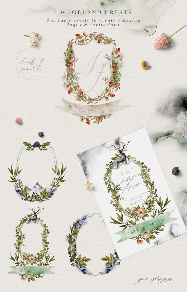 May include: Four watercolor illustrations of woodland crests with floral and foliage elements. The crests are in the shape of shields and ovals. The text "Woodland Crests" and "4 dreamy crests to create amazing logos & invitations" is at the top of the image. The text "luk & moll" is in the upper left corner of the image. The text "YOU ARE INVITED TO JOIN Isabella Federico" is in the center of the image. The text "FALL WEDDING" is at the bottom of the image.