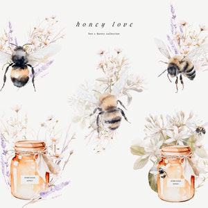 May include: Watercolor illustration of honey jars with bees and flowers. The jars are labeled "Homemade Honey". The illustration is in a light, airy style with soft colors.