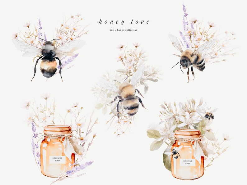 May include: Watercolor illustration of honey jars with bees and flowers. The jars are labeled "Homemade Honey". The illustration is in a light, airy style with soft colors.