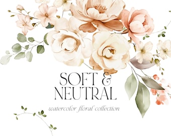 Neutral Watercolor Flowers - Watercolor Floral Clipart - Soft Neutral Flowers - Wedding Clipart - Watercolor Clipart - Premade Clipart