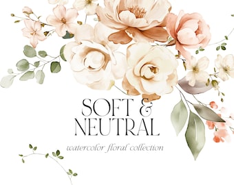 May include: Watercolor floral illustration featuring a bouquet of soft, neutral-toned flowers, including roses, peonies, and smaller blossoms. The flowers are arranged in a loose, flowing style, with delicate green leaves and stems. The text "SOFT & NEUTRAL watercolor floral collection ELEMENTS + BOUQUETS" is displayed below the flowers.
