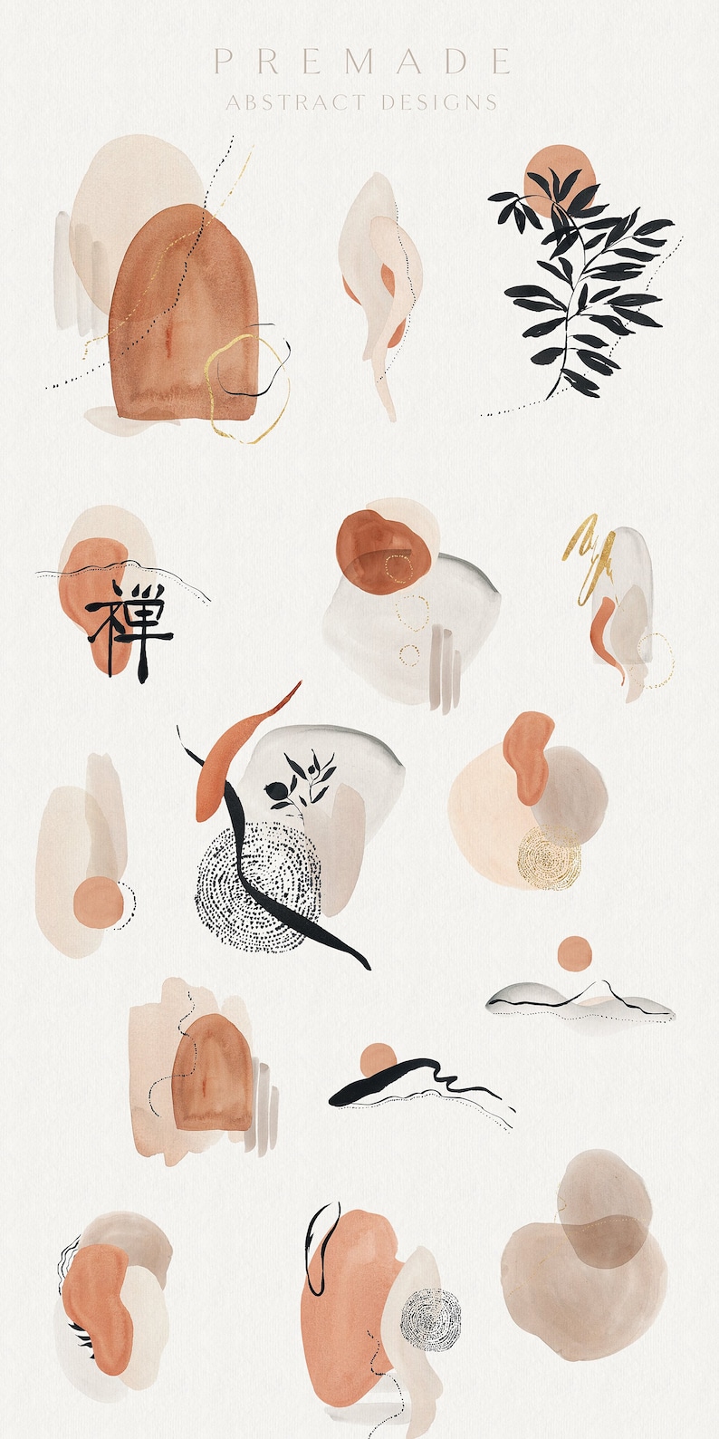 May include: A set of 12 abstract watercolor designs in shades of brown, beige, and black. The designs feature organic shapes, lines, and textures. The word "PREMADE" is written in black at the top of the image.