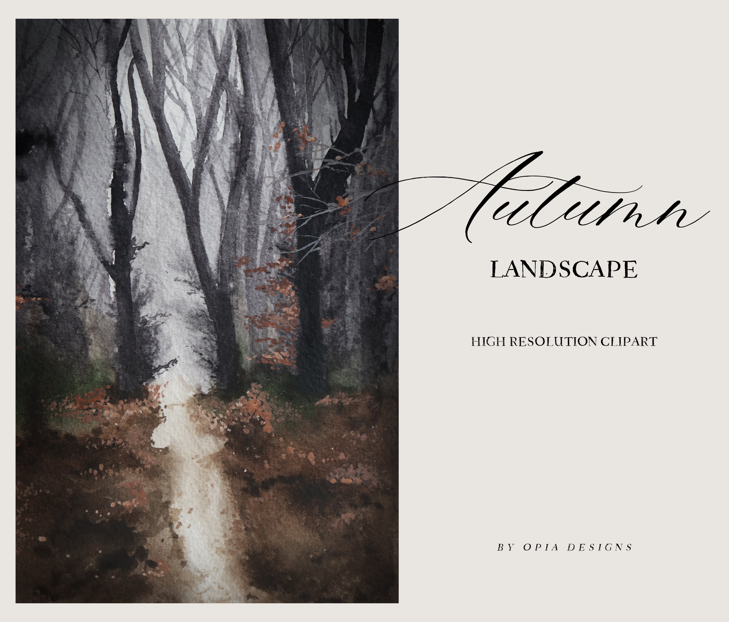 Autumn Landscape Clipart - Autumn Tree - Autumn - Fall - Watercolor Landscape - Watercolor Autumn - Watercolor Fall - Halloween Clipart