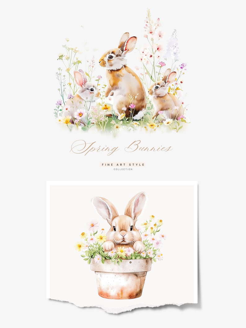 May include: A watercolor illustration of a family of bunnies in a field of flowers. The bunnies are brown and white with long ears. The flowers are pink, purple, and yellow. The text "Spring Bunnies Fine Art Style Collection" is written below the bunnies.