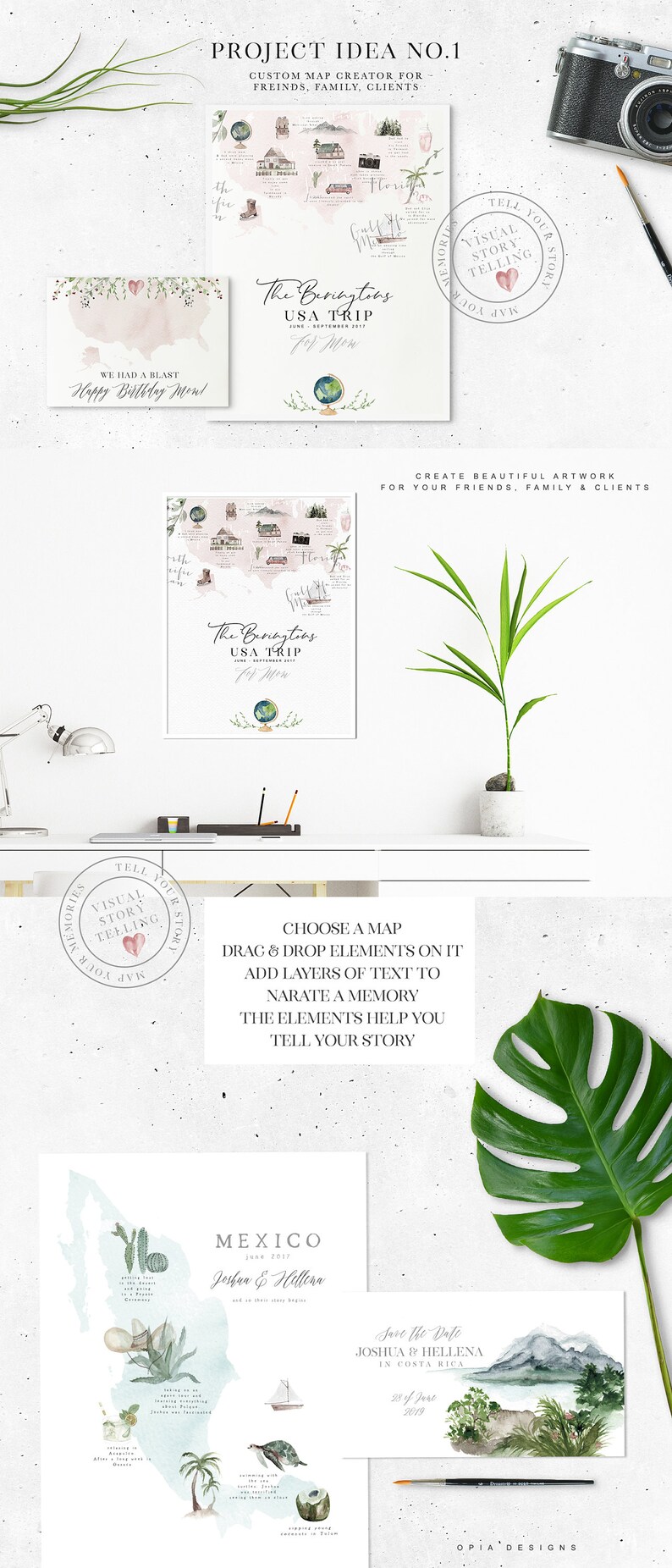 May include: A set of three watercolor illustrations of maps with text overlays. The maps are of the United States, Mexico, and Costa Rica. The text on the maps includes the names of the locations, dates, and personal messages. The illustrations are in a soft, romantic style with a watercolor wash.