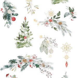 May include: A set of watercolor illustrations featuring winter greenery, snowflakes, and red berries. The illustrations are perfect for creating Christmas cards, invitations, and other festive designs.