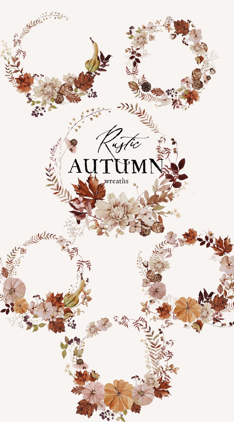 Op de afbeelding: Vijf aquarelkransen met een rustiek herfstthema. De kransen zijn gemaakt van bladeren, bloemen, pompoenen en bessen in tinten bruin, beige en roze. De tekst "Rustic Autumn Wreaths" is geschreven in zwarte cursieve letters.