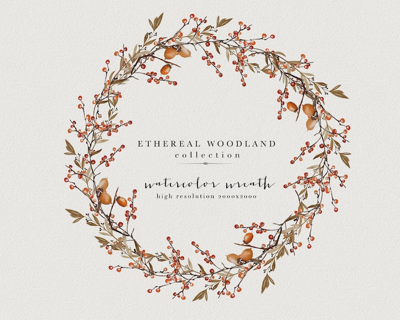Puede incluir: Corona de acuarela con ramas marrones, hojas verdes y bayas rojas. La corona est&aacute; sobre un fondo blanco con el texto "ETHEREAL WOODLAND collection watercolor wreath high resolution 2000x2000".