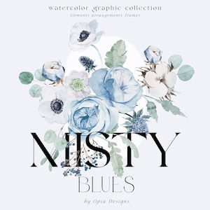 Dusty Blue Floral Clipart - Aquarell Blumen Clipart - Rosen - Anemone - Dusty Blue - Blau - etwas Blau - Hochzeit Clipart
