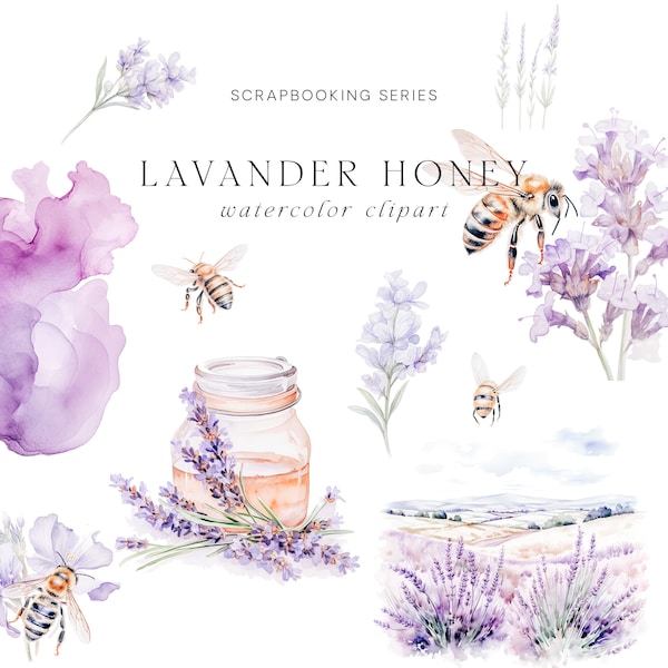 Clipart aquarelle lavande - Clipart abeilles - lavande - paysages lavande - Clipart aquarelle - éclaboussures d'aquarelle - abeilles