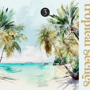 Paesaggi di spiaggia tropicale - Clipart tropicale - Scene tropicali - Documenti digitali - Clipart acquerello tropicale - Clipart spiaggia -Sfondi