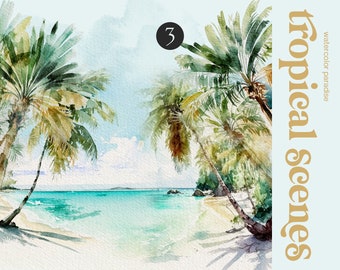 Tropical Beach Landscapes - Tropical Clipart - Tropical Scenes - Digital Papers- Tropical Watercolor Clipart - Beach Clipart -Backgrounds