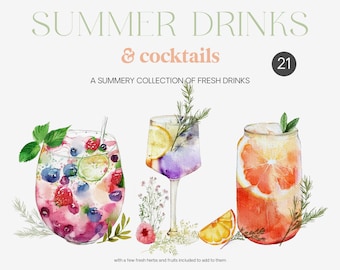 Aquarell Cocktail Clipart - Aquarell Sommer Getränke - Sommer Clipart - Aquarell Sommer - Getränke Clipart - Frucht Getränke - Pfirsich