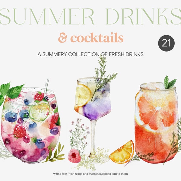 Aquarelle Cocktail Clipart - Aquarelle Boissons d’été - Clipart d’été - Aquarelle Été - Boissons Clipart - Boissons aux fruits - Pêche