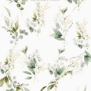 May include: Watercolor and gold floral illustrations with green leaves and gold accents. The text "WATERCOLOR & GOLD" and "GLIMMER & LIGHT" is displayed on a white background.