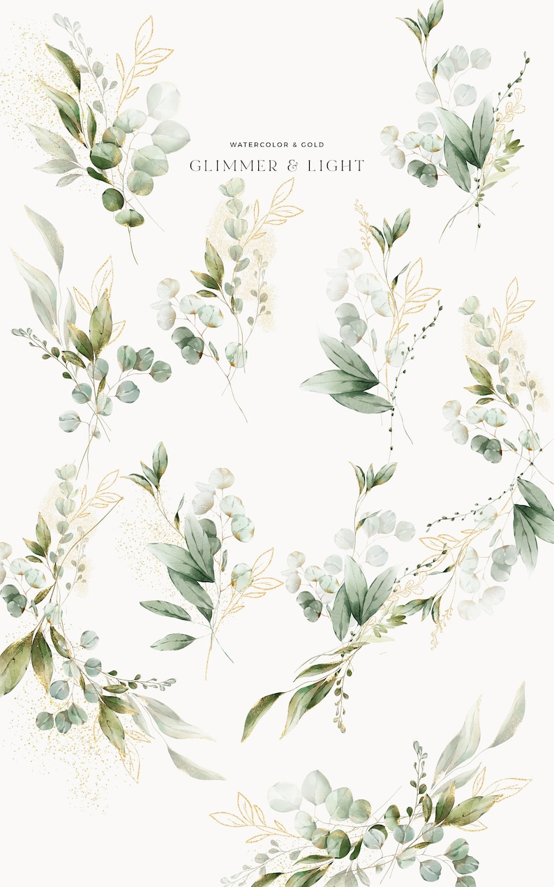 May include: Watercolor and gold floral illustrations with green leaves and gold accents. The text "WATERCOLOR & GOLD" and "GLIMMER & LIGHT" is displayed on a white background.