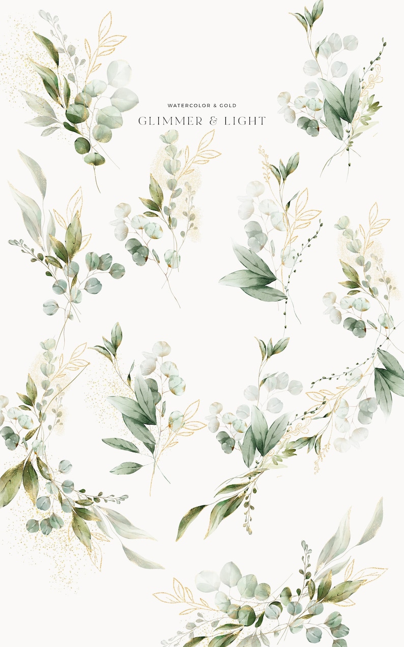 Verdure Clipart Aquarelle Eucalyptus Clipart Feuillage d'or Clipart de mariage Clipart botanique Premade Clipart Clipart aquarelle image 2