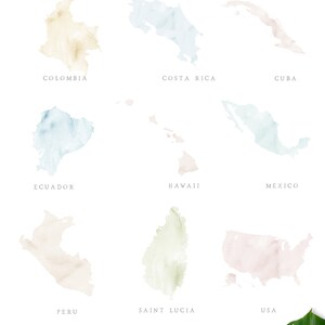 May include: A watercolor illustration of a world map with a pink hue. The map is surrounded by smaller watercolor illustrations of various countries in the Americas, including the Bahamas, Brazil, Canada, Colombia, Costa Rica, Cuba, Ecuador, Hawaii, Mexico, Peru, Saint Lucia, and the USA. The text "INDEX OF MAPS" and "American Continent" is at the top of the image. The text "THE WORLD" is at the bottom of the image.