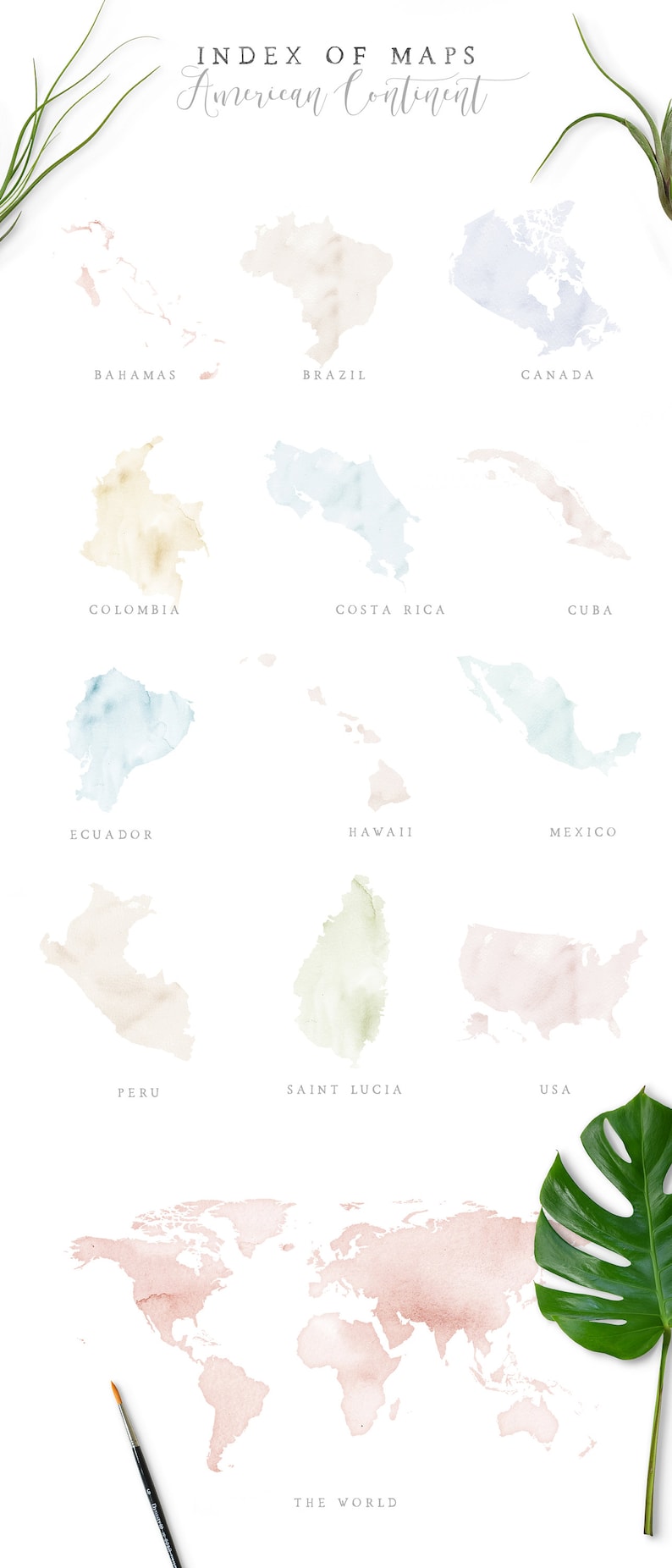 May include: A watercolor illustration of a world map with a pink hue. The map is surrounded by smaller watercolor illustrations of various countries in the Americas, including the Bahamas, Brazil, Canada, Colombia, Costa Rica, Cuba, Ecuador, Hawaii, Mexico, Peru, Saint Lucia, and the USA. The text "INDEX OF MAPS" and "American Continent" is at the top of the image. The text "THE WORLD" is at the bottom of the image.
