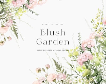 May include: Watercolor floral design with the text "Blush Garden" in a delicate font. The image features soft pink and green flowers and foliage, creating a romantic and elegant aesthetic. The words "Floral Collection" and "Blush Bouquets & Floral Frames" are also included.
