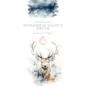 Peut inclure: Clipart aquarelle d'un cerf avec de grands bois debout dans un nuage d'aquarelle bleu et blanc. Le cerf a un corps brun et un visage blanc. L'arri&egrave;re-plan est un ciel nocturne avec des &eacute;toiles et une lune croissante.