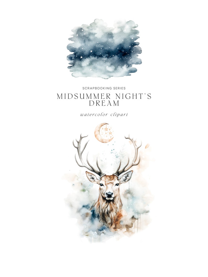 Peut inclure: Clipart aquarelle d'un cerf avec de grands bois debout dans un nuage d'aquarelle bleu et blanc. Le cerf a un corps brun et un visage blanc. L'arri&egrave;re-plan est un ciel nocturne avec des &eacute;toiles et une lune croissante.