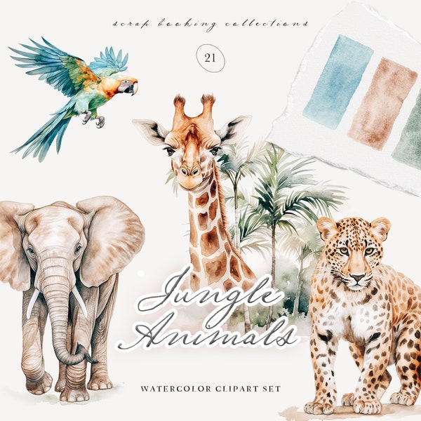 Watercolor Jungle Animals Clipart - Watercolor Clipart - Jungle Clipart - Stickers Clipart - Scrapbooking Clipart - Nursery Clipart - Jungle