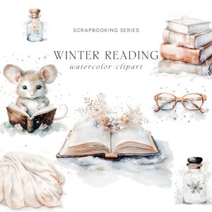 Clipart de inverno em aquarela - Série de scrapbooking - Clipart em aquarela - Clipart de cartões - Clipart de adesivos - Clipart de inverno - Arte de leitura de inverno