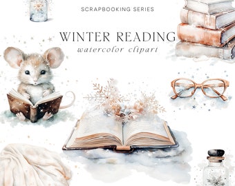 Watercolor Winter Clipart - Scrapbooking Series - Watercolor Clipart - Cards Clipart - Stickers Clipart - Winter Clipart -Winter Reading Art