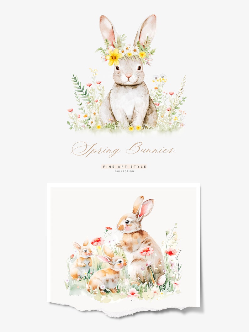 May include: A watercolor illustration of a family of bunnies in a field of flowers. The mother bunny is sitting upright with her two baby bunnies sitting in front of her. The flowers are in shades of pink, white, and yellow.