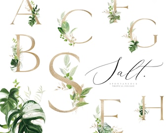Watercolor Tropical Clipart - Gold Greenery Letters - Alphabet - Tropical Letters - Tropical Alphabet - Mosntera Clipart - Palm Leaf