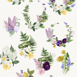 May include: A collection of watercolor illustrations of spring flowers and greenery, including lilacs, pansies, daffodils, ferns, and tulips. The illustrations are arranged in various bouquets and wreaths, perfect for crafting and design projects. The text "Eat Wild Arrangements Premade Spring Designs" is displayed at the top of the image.