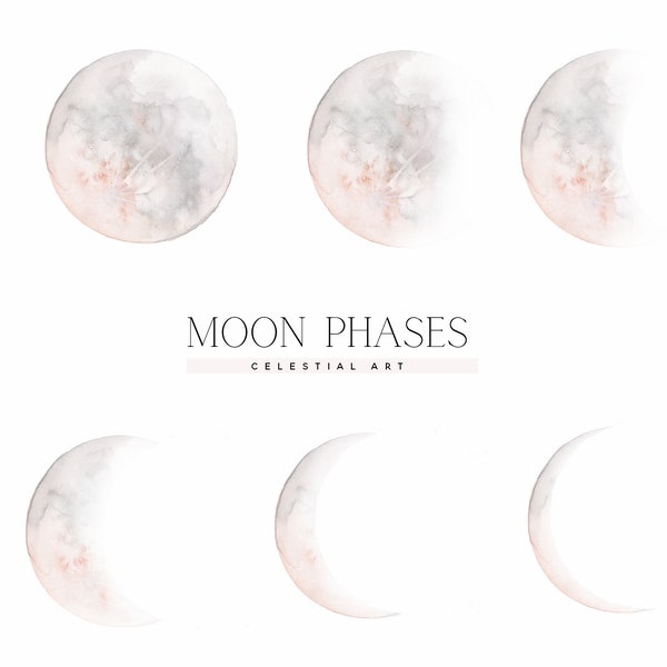 Handpainted Watercolor Moon Phases - Blush Moons - Watercolor Moons - Crescent Moon - Moon clipart - Waxing Moon - Moon Phases Clipart
