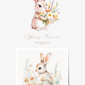 May include: Two watercolor illustrations of bunnies with flowers. The first bunny is holding a bouquet of yellow, white, and pink flowers. The second bunny is sitting in a field of pink and white flowers. The text "Spring Bunnies Fine Art Style Collection" is below the first bunny.
